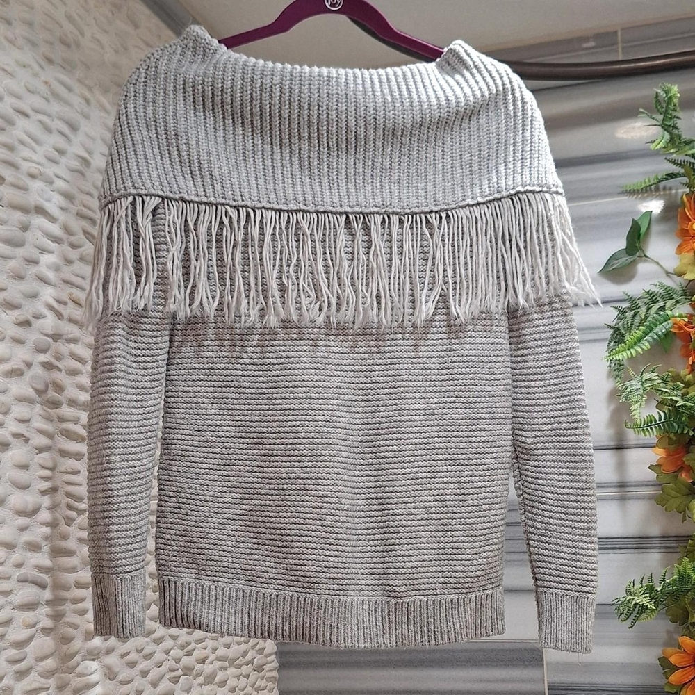 Maurices Off-the-Shoulder Fringe Sweater in Gray